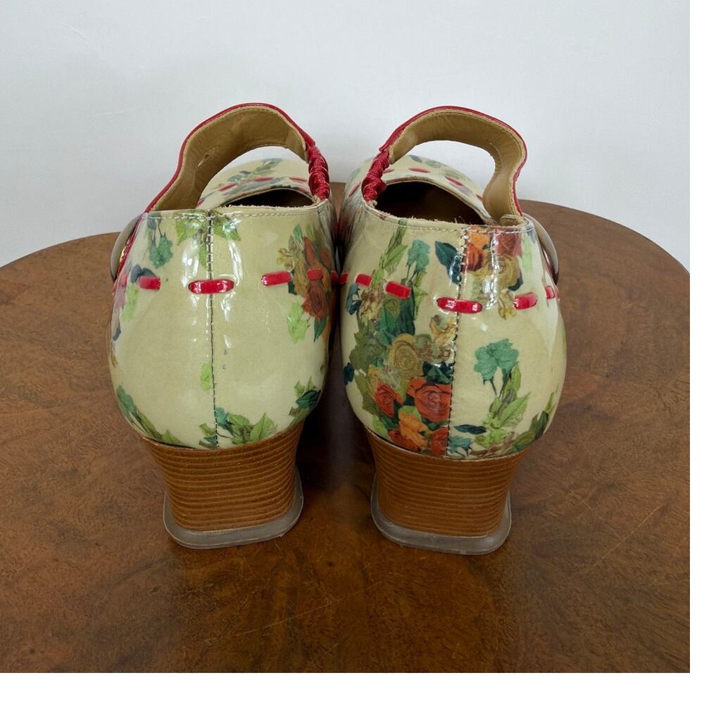 John Fluevog Green Multicolored Floral Button Red Straps Mary Janes 11 - Picture 4 of 7